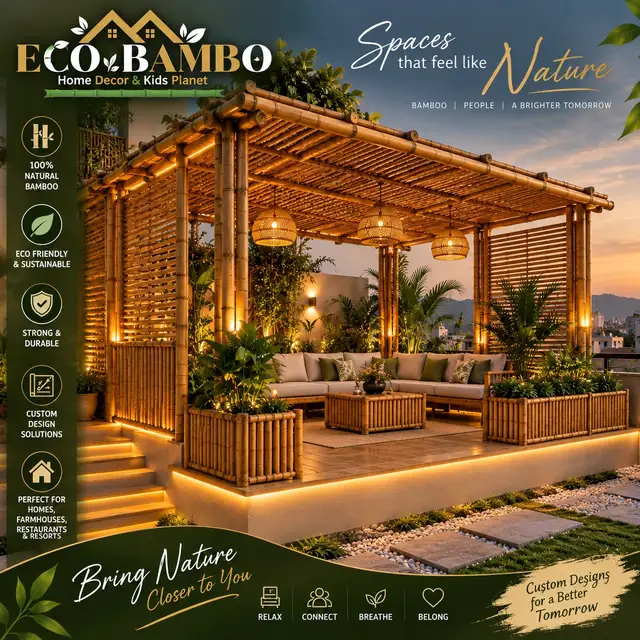 ECO BAMBO Spaces that feel like Nature ad creative — bamboo pergola lounge, bring nature closer to you