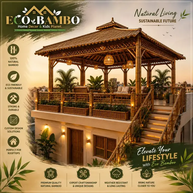 ECO BAMBO Natural Living Sustainable Future Facebook ad creative — elevate your lifestyle with a bamboo rooftop gazebo