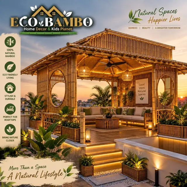 ECO BAMBO Natural Spaces Happier Lives Instagram ad creative — bamboo rooftop lounge at sunset, a natural lifestyle