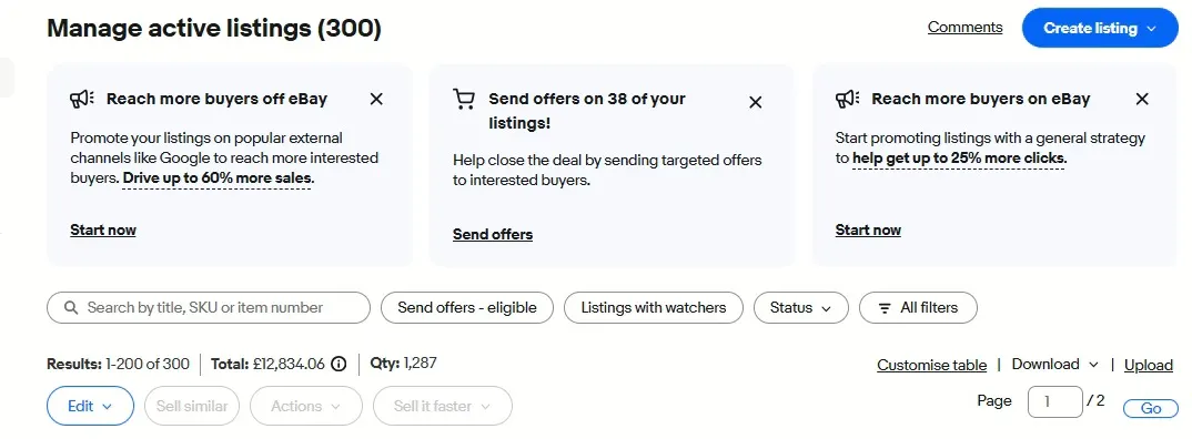eBay Seller Hub manage active listings — 300 active listings with £12,834.06 total value and 1,287 units, managed by eBay assistant Mazhar Abbasi
