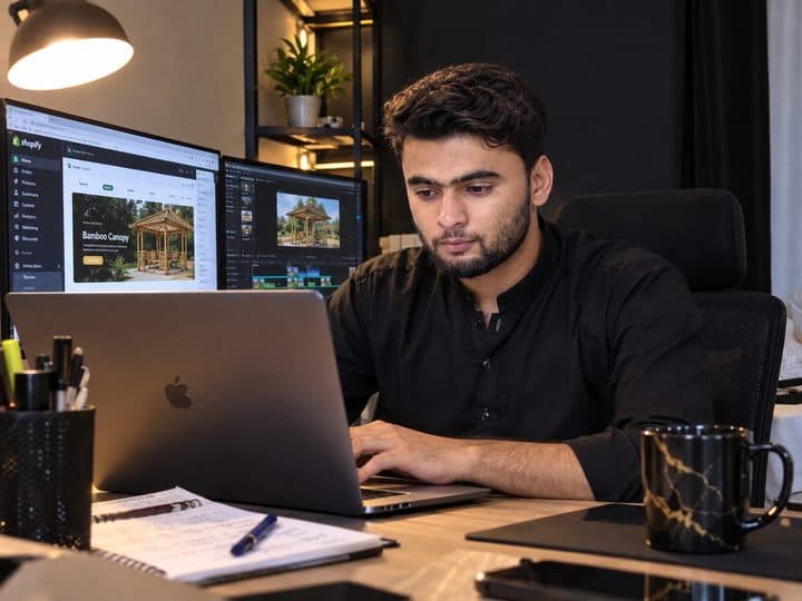 Mazhar Abbasi working on Shopify store and video editing