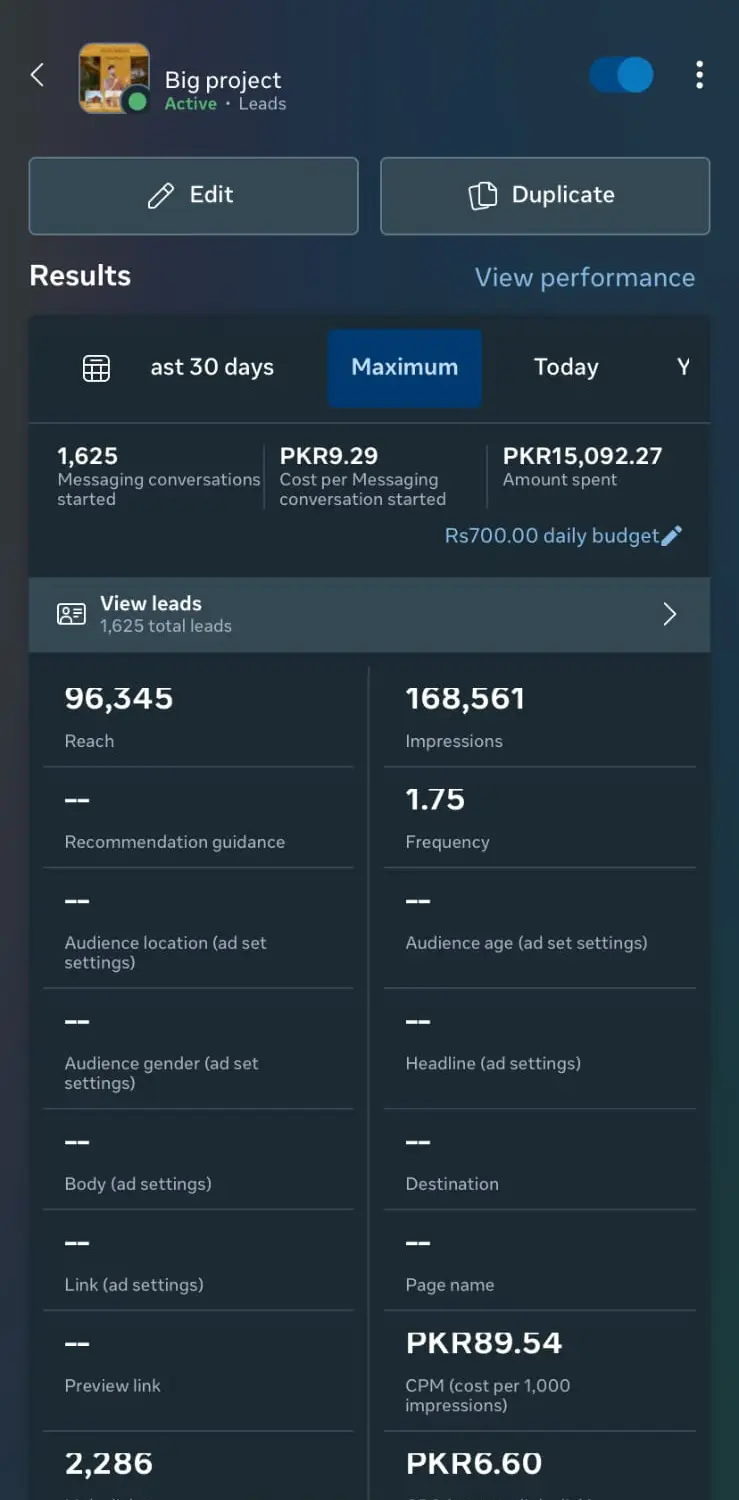 Meta Ads Manager campaign results for Big project Leads campaign — 1,625 messaging conversations started at PKR 9.29 cost per conversation, PKR 15,092.27 spent, 96,345 reach, 168,561 impressions